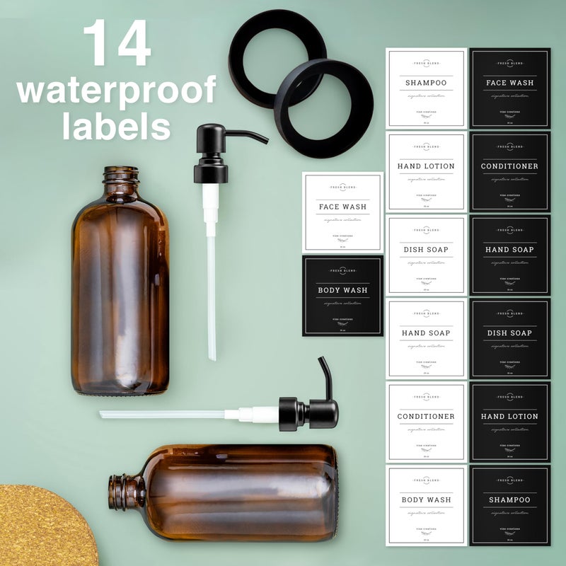 Vine Creations Amber Glass Soap Dispenser, 2 Pack Kitchen Soap Dispenser Set with Stainless Steel Pump, 16 oz Dish Soap and Hand Soap Dispensers for Bathroom with Waterproof Labels - Image 5